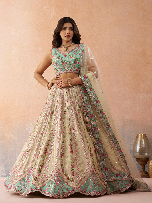 Cream- Tissue Sequins Embroidered Lehenga 6113