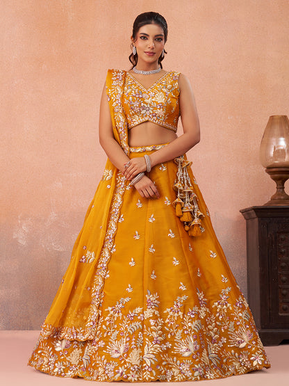 Mustard- Tissue Sequinned with Zari Embroidered Lehenga 6300