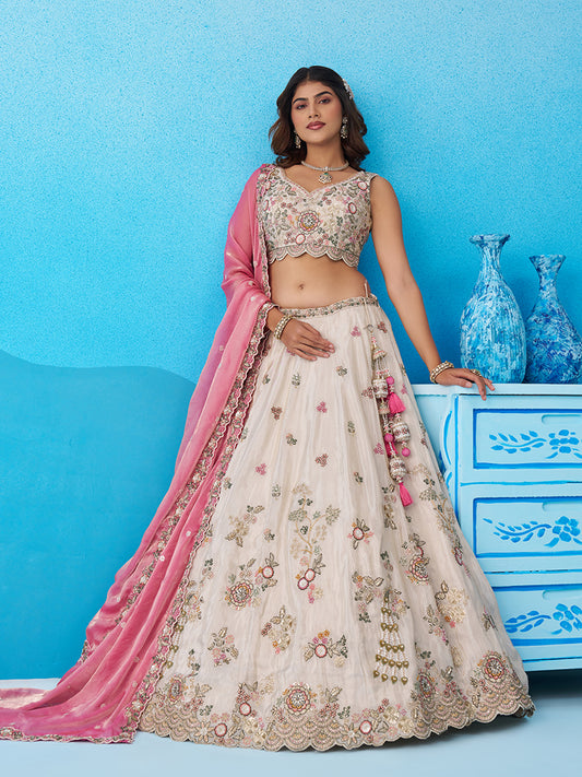 Cream- Tissue Sequins Embroidered Lehenga 6232