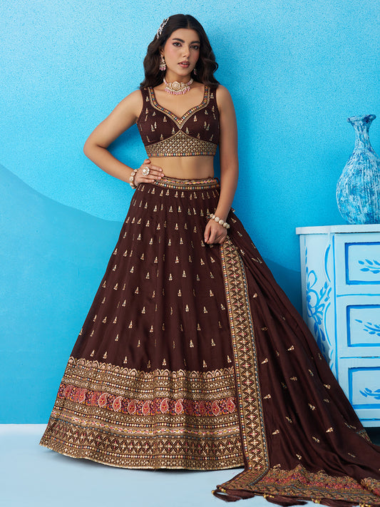 Brown- Chinnon Silk Sequinned Thread & Zari Embroidered Lehenga 6213