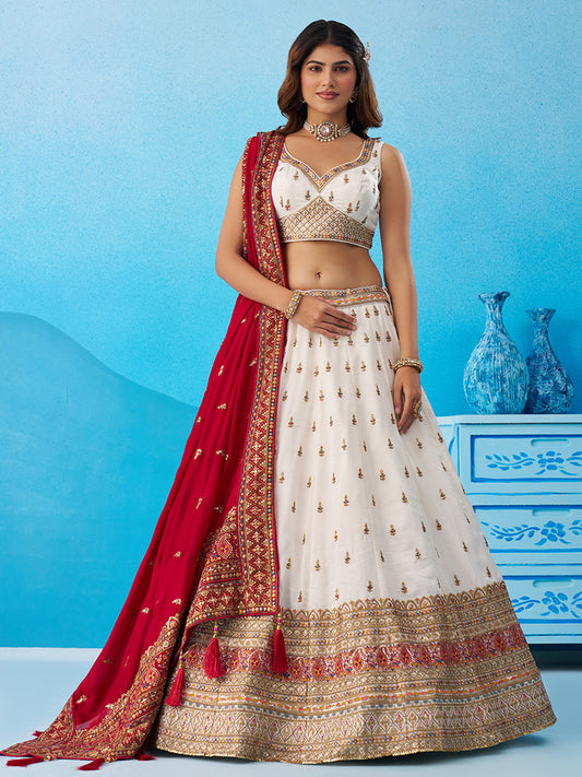 Cream White- Chinnon Silk Sequinned Thread & Zari Embroidered Lehenga 6213
