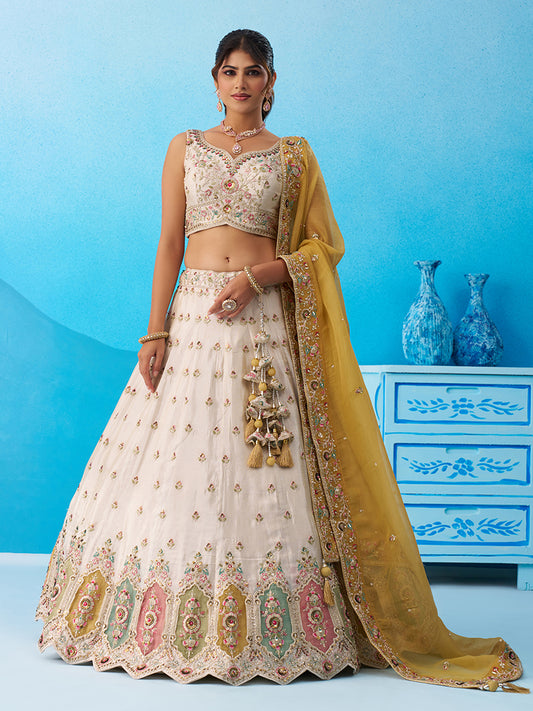 Cream- Tissue Sequins Embroidered Multicolor Patch Work Lehenga 6166