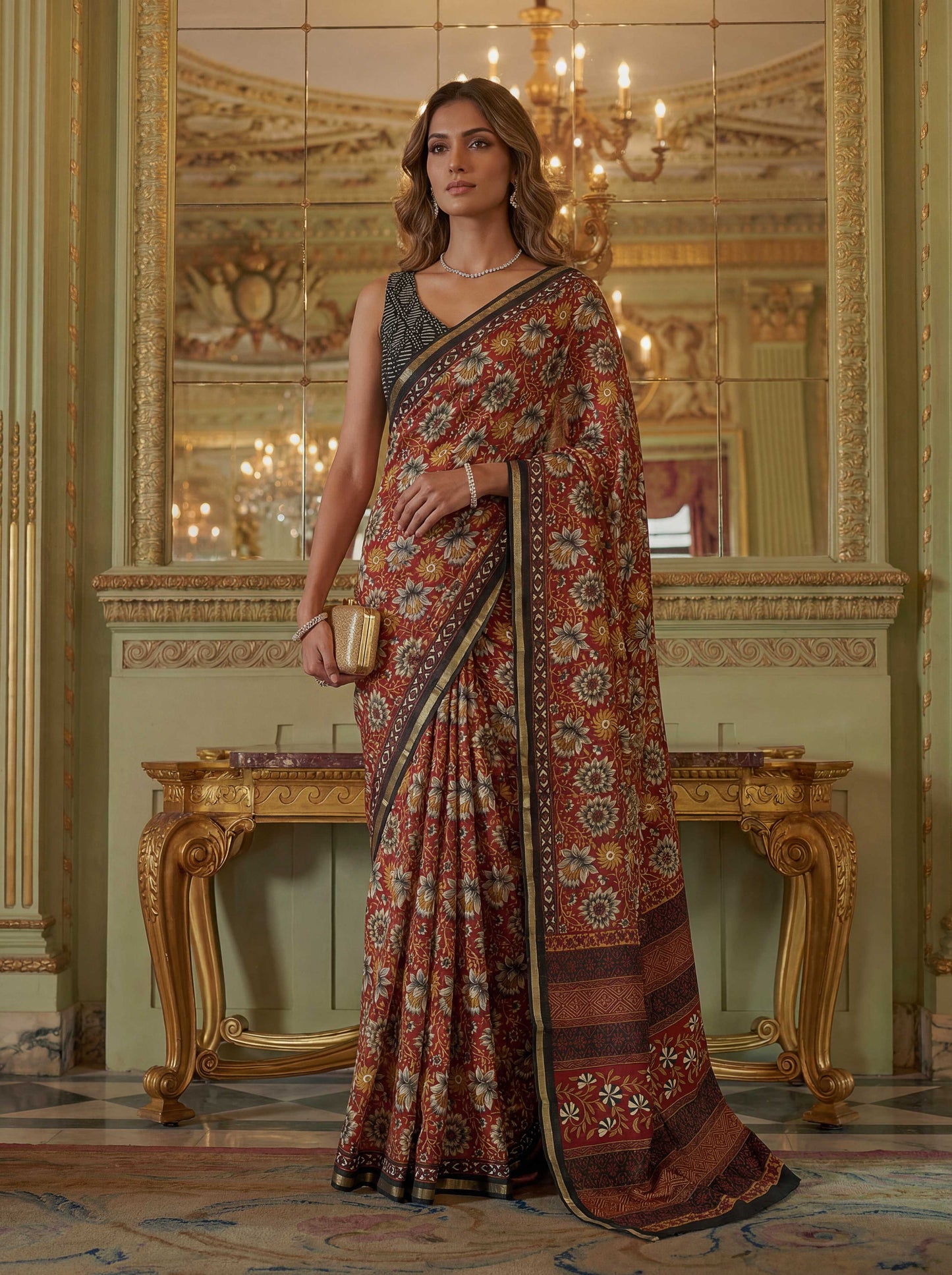 Rust Red Poly Viscose Fabric Saree 6178-01 - Shopping World