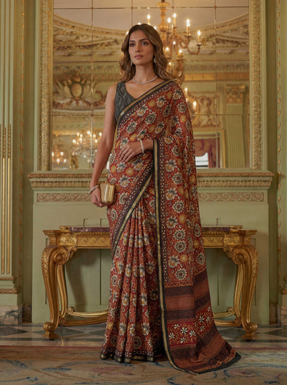Rust Red Poly Viscose Fabric Saree 6178-01 - Shopping World