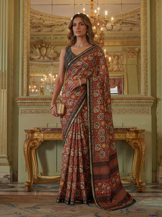 Rust Red Poly Viscose Fabric Saree 6178-01 - Shopping World