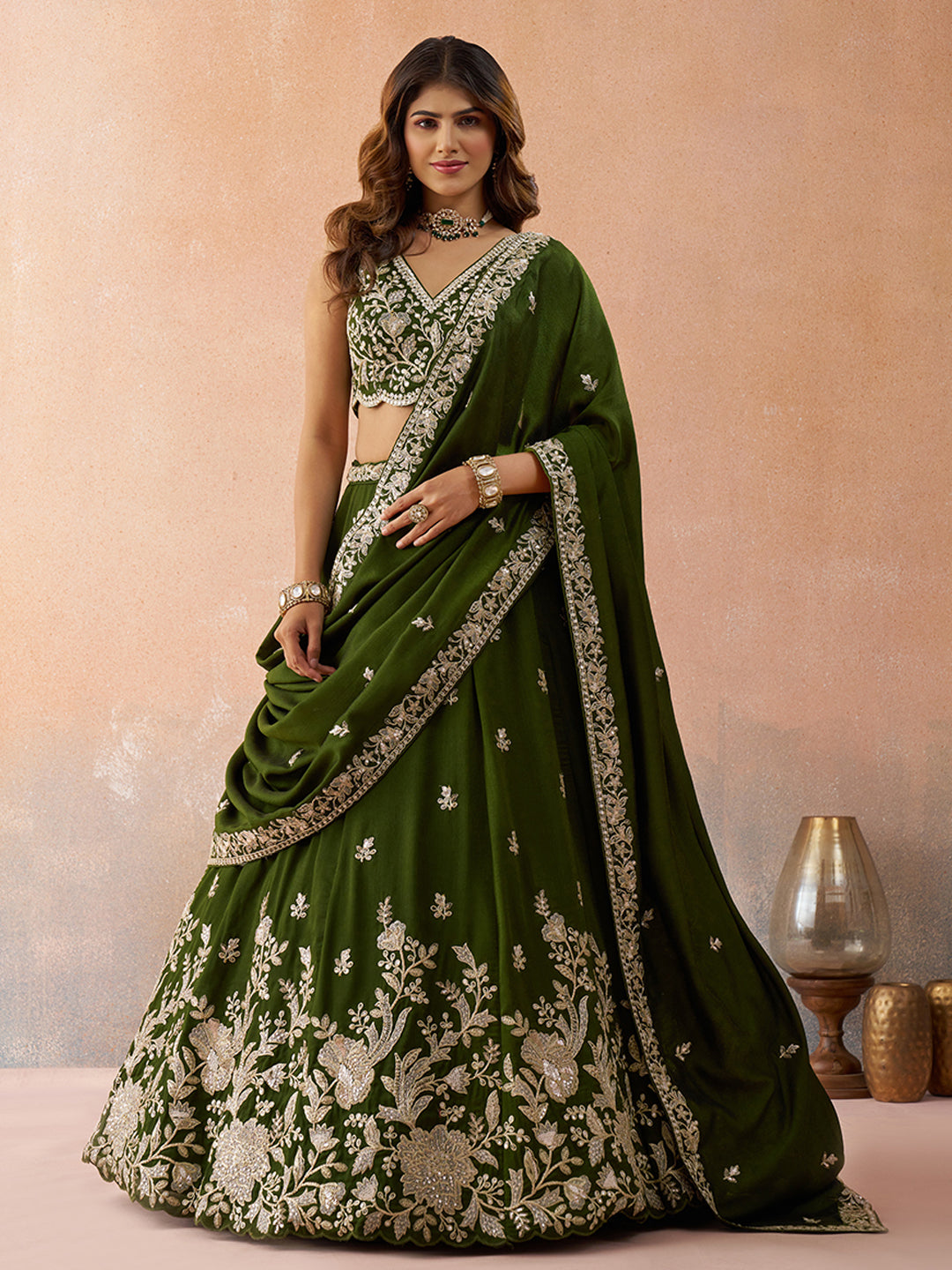 Mehendi Green- Tissue Sequinned with Zari Embroidered Lehenga 6309
