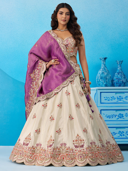 Cream- Tissue Sequins Embroidered Lehenga 6225