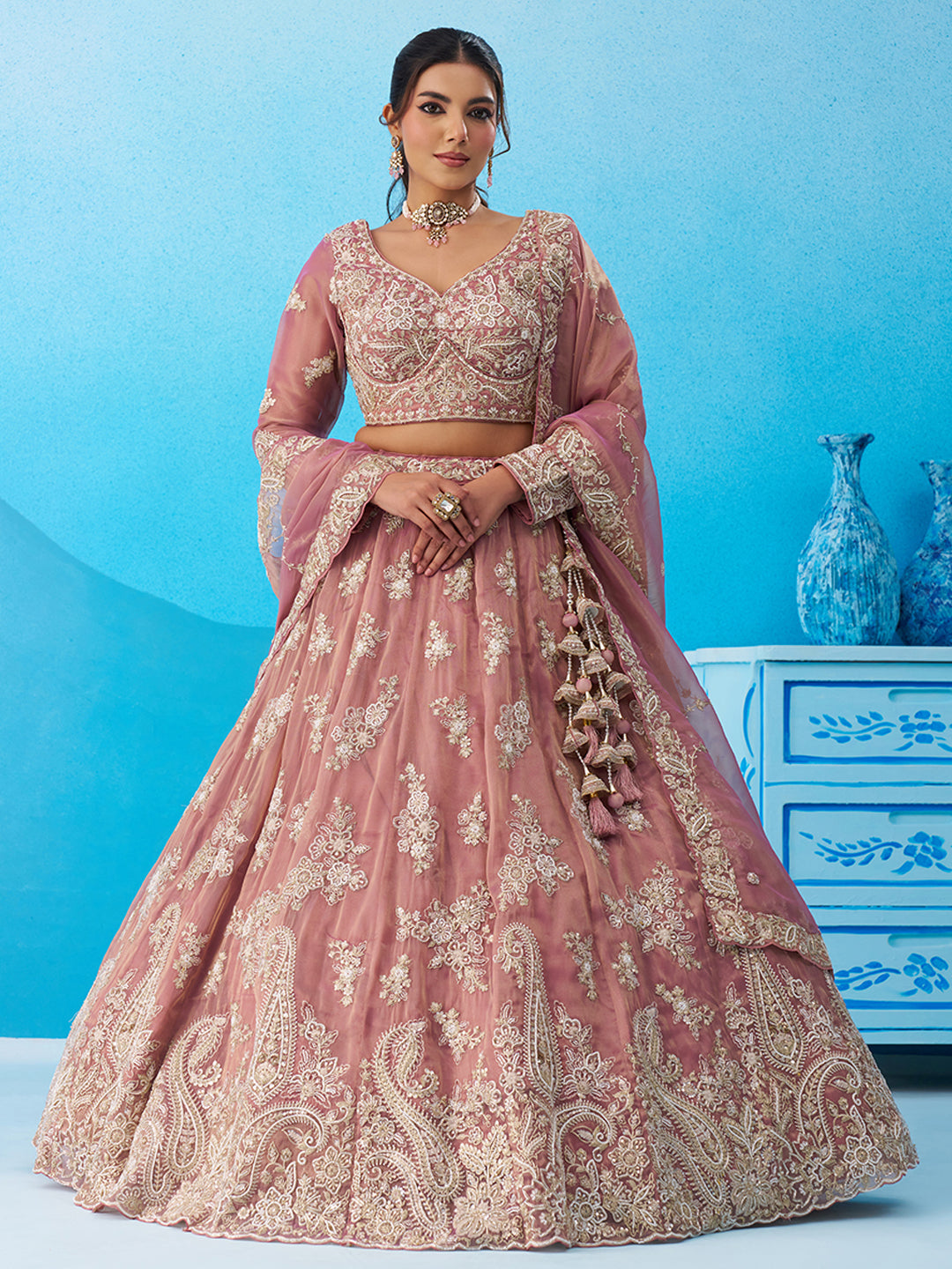 Pink- Tissue Beads & Sequins Embroidered Lehenga 6223