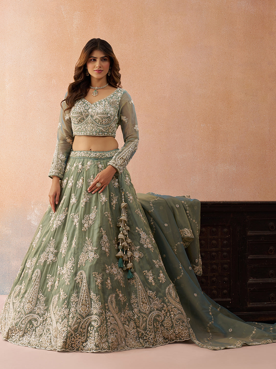 Seagreen- Tissue Beads & Sequins Embroidered Lehenga 6223