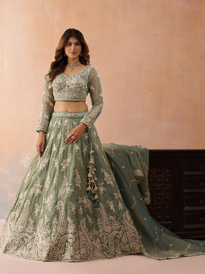 Seagreen- Tissue Beads & Sequins Embroidered Lehenga 6223