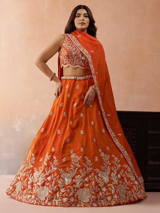 Rust Orange- Tissue Sequinned with Zari Embroidered Lehenga 6309