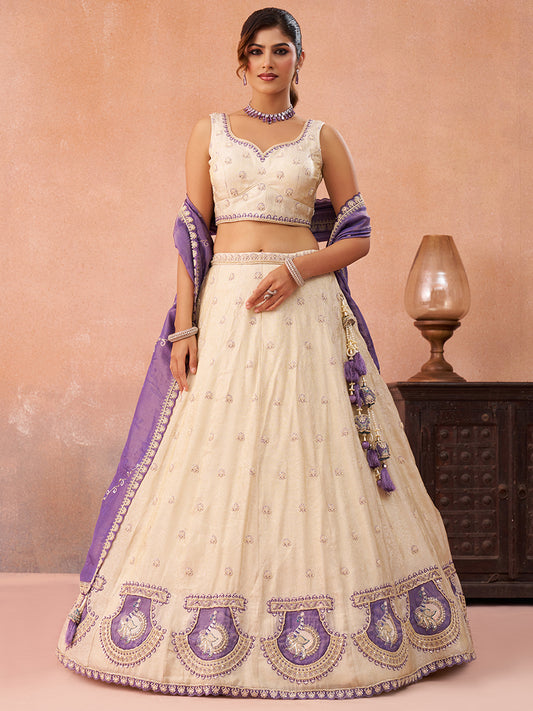 Cream purple- Jacquard Heavy Beads with Sequins Embroidered Lehenga 6174