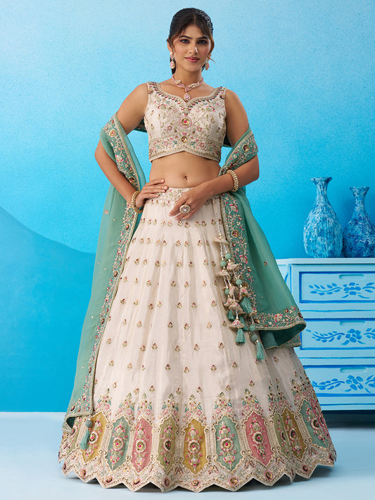 Cream green- Tissue Sequins Embroidered Multicolor Patch Work Lehenga 6166
