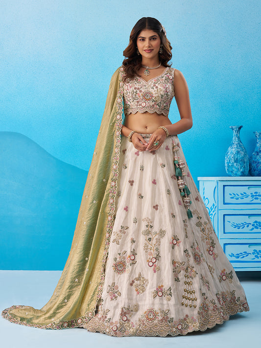 Cream- Tissue Sequins Embroidered Lehenga 6232