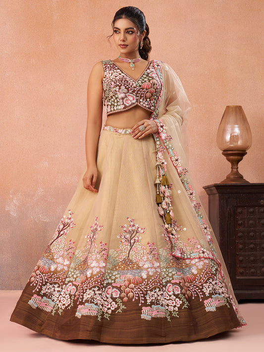 Brown- Net Sequins Embroidered Omber Brown Lehenga choli 6131