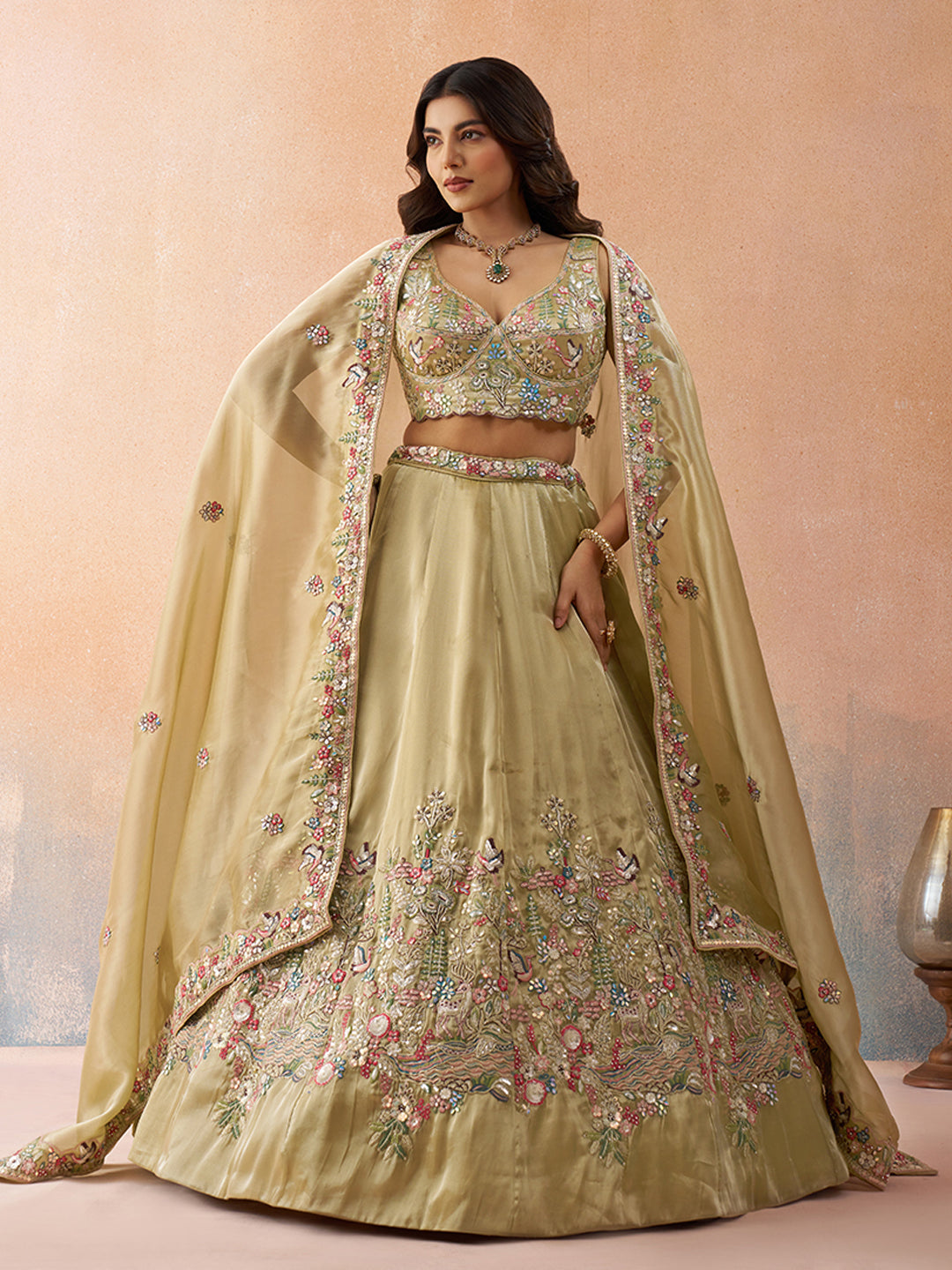 Beige golden- Tissue Sequinned with Zarkan Embroidered Lehenga 6298