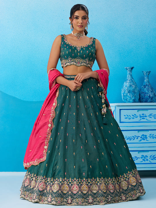 Rama green- Cosmos Silk Beads & Sequins Embroidered Lehenga 6313