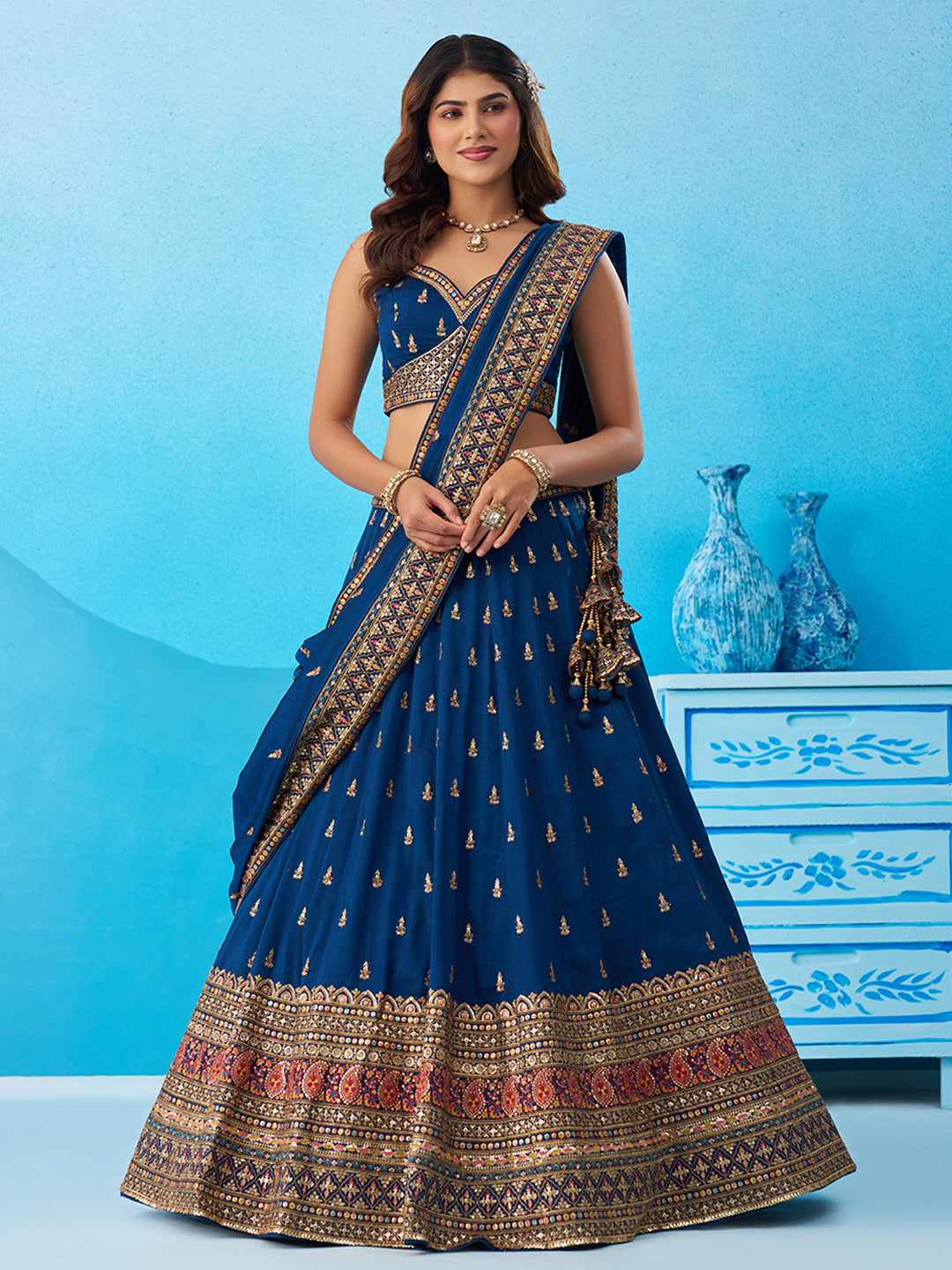 Teal- Chinnon Silk Sequinned Thread & Zari Embroidered Lehenga 6213