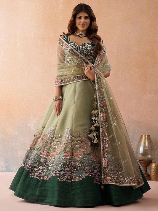 Green- Net Sequins Embroidered Omber Green and LimeGreen Lehenga choli 6275
