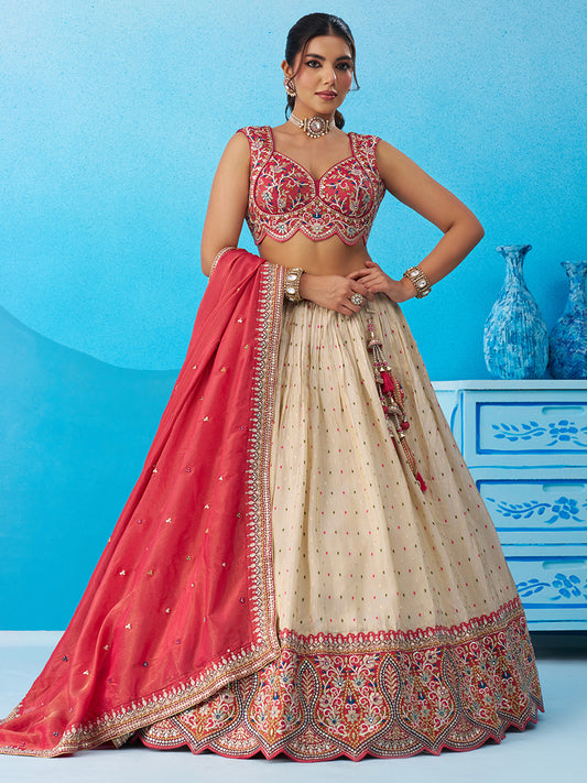 Cream- Jacquard Tissue Sequinned Thread & Embroidered Lehenga 6231