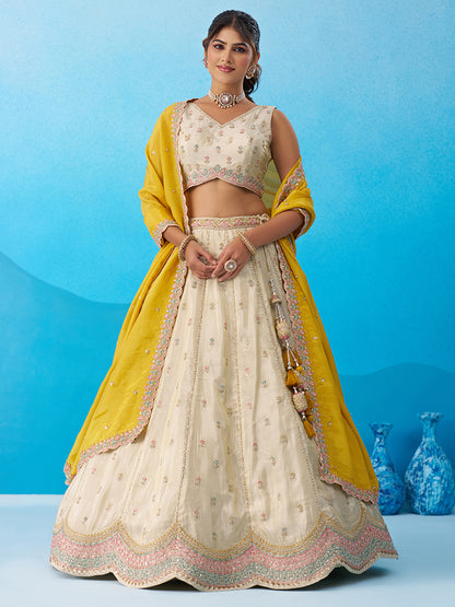 Cream Mustard- Tissue Sequins Embroidered Lehenga 6137