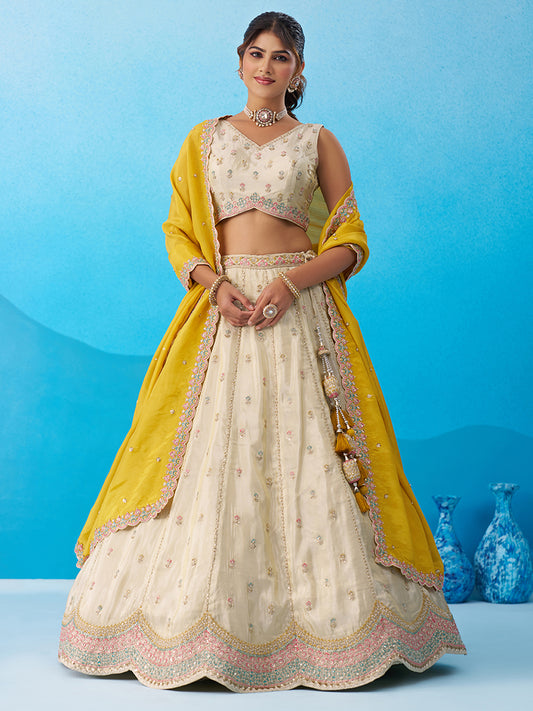 Cream Mustard- Tissue Sequins Embroidered Lehenga 6137