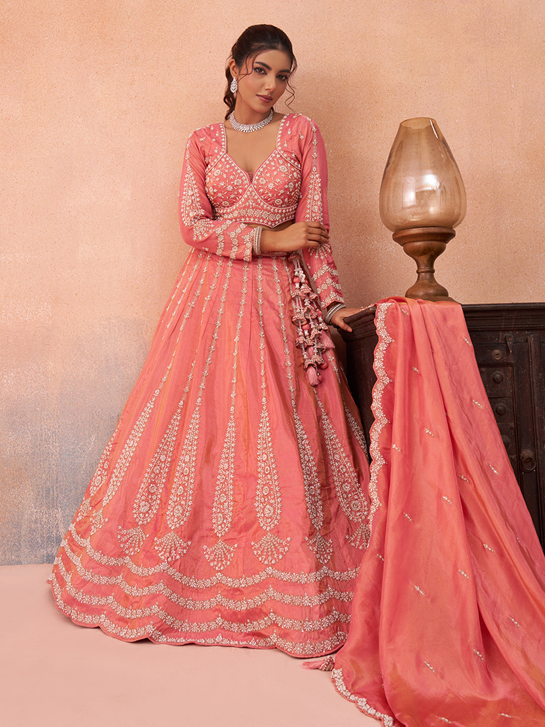 Peach- Tissue Beads & Sequins Embroidered Lehenga 6222