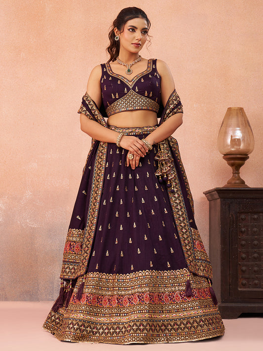Purple- Chinnon Silk Sequinned Thread & Zari Embroidered Lehenga 6213