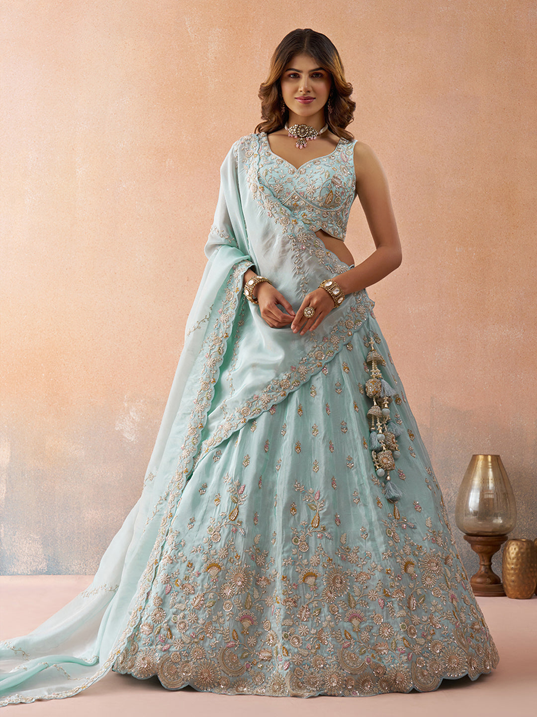 Sky Blue- Tissue Beads & Sequins Embroidered Lehenga 6186