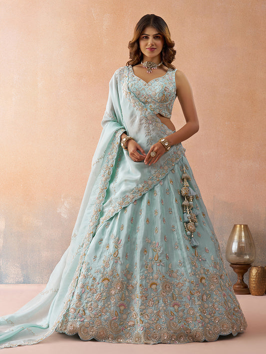 Sky Blue- Tissue Beads & Sequins Embroidered Lehenga 6186