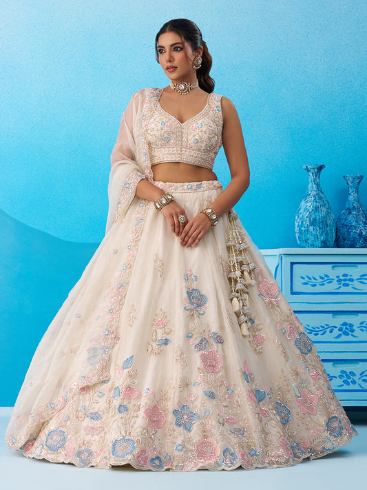 Cream- Tissue Beads & Sequinned Floral Embroidered Lehenga 6241