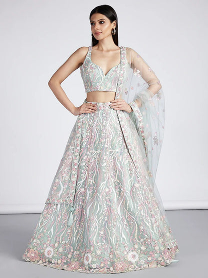Bright Sequin, Golden-Sliver Threaded Embroidered Georgette sea green white girlish Lehenga