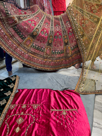 Astonishing pink golden double dupatta bridal Lehenga