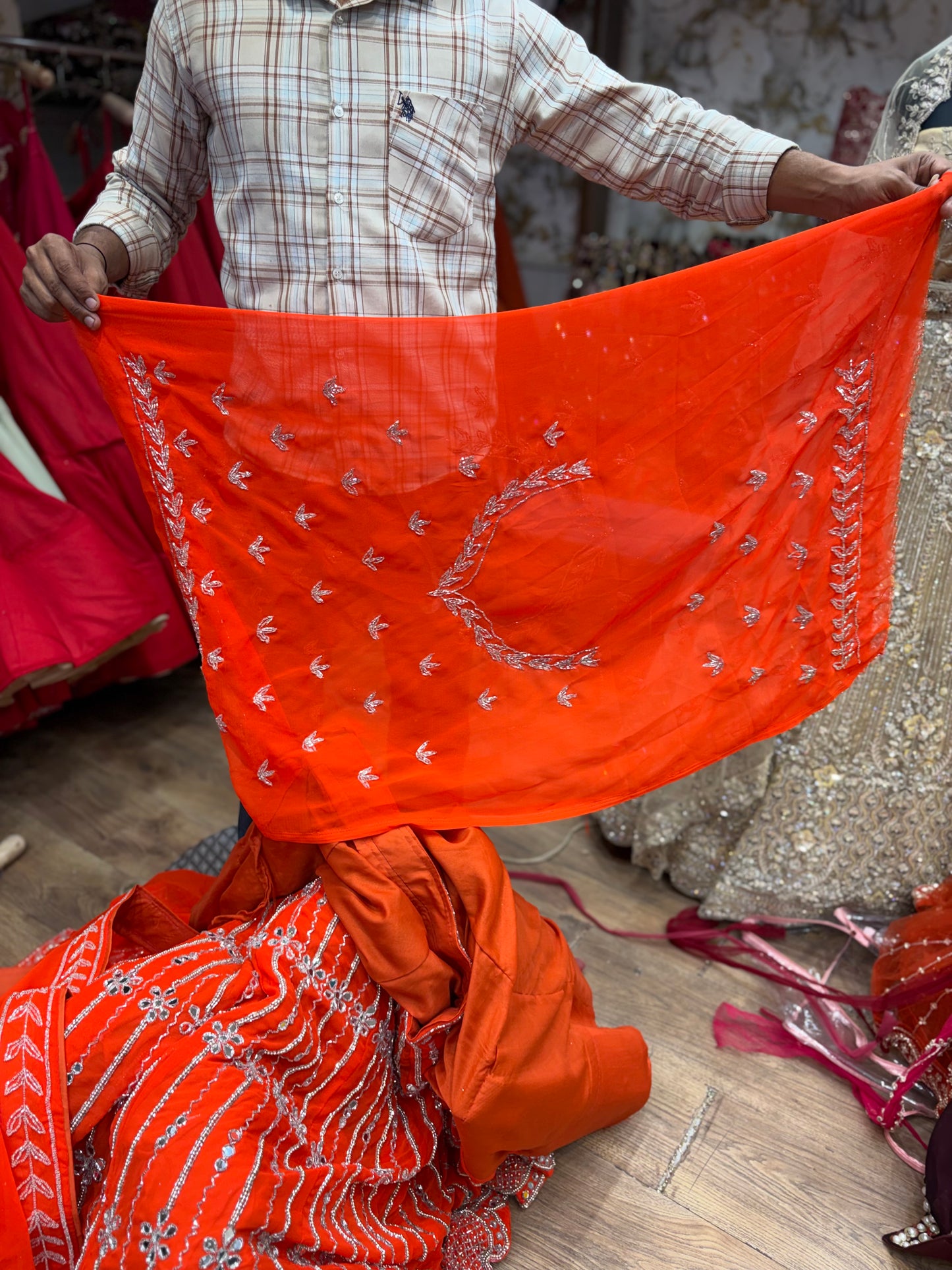 Rust Orange Mirror Work Lehenga