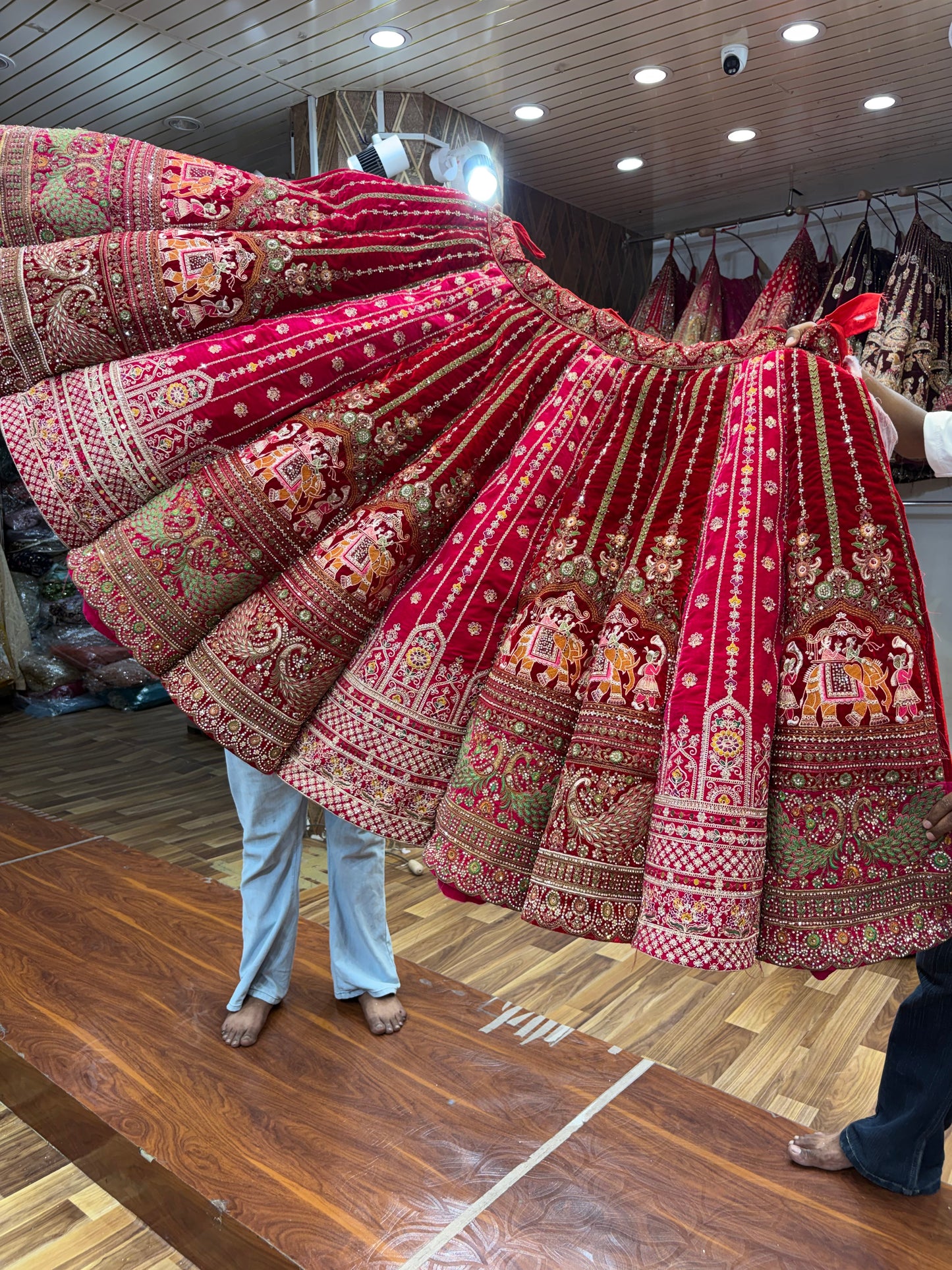 Maroon Pink Red Multikali Ball Bridal Lehenga
