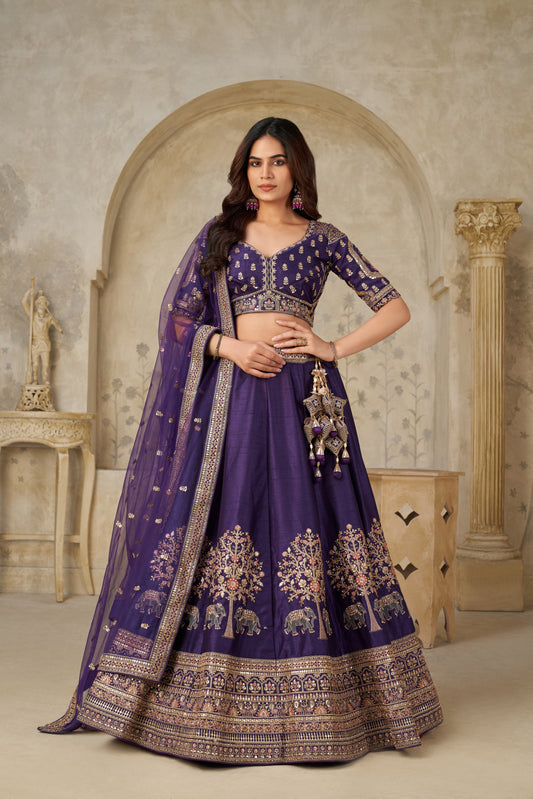 Royal Purple Wedding Lehenga with Elephant Motifs Silk lehenga with Soft Net dupatta 2102