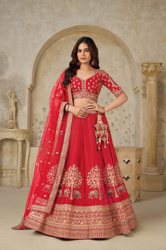 Red Bridal Lehenga Ensemble with Elephant Motifs Silk lehenga with Soft Net dupatta 2102
