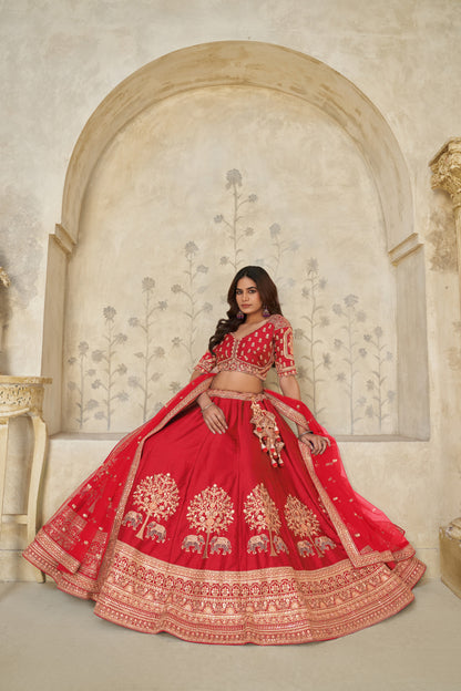 Trendy Rust Wedding Lehenga with Elephant Motifs Silk lehenga with Soft Net dupatta 2102