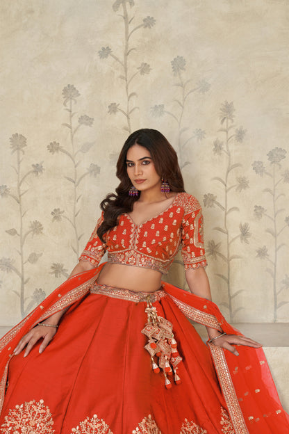 Trendy Rust Wedding Lehenga with Elephant Motifs Silk lehenga with Soft Net dupatta 2102