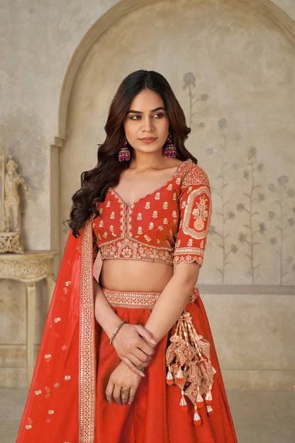 Trendy Rust Wedding Lehenga with Elephant Motifs Silk lehenga with Soft Net dupatta 2102