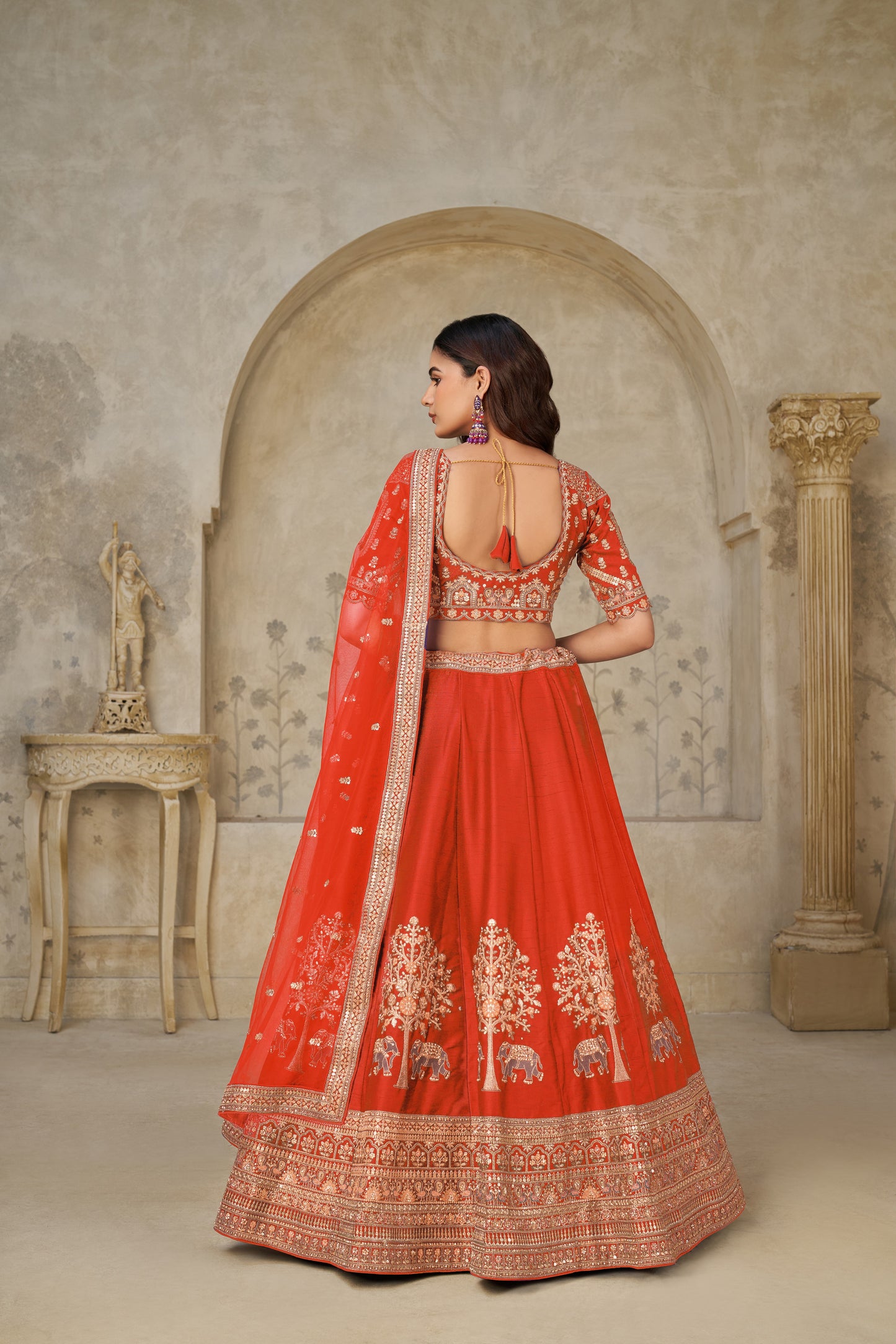 Trendy Rust Wedding Lehenga with Elephant Motifs Silk lehenga with Soft Net dupatta 2102