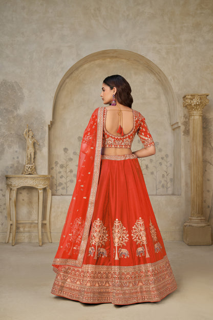 Trendy Rust Wedding Lehenga with Elephant Motifs Silk lehenga with Soft Net dupatta 2102