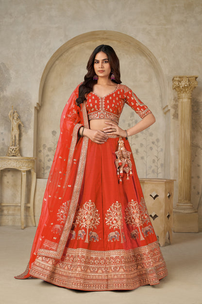 Trendy Rust Wedding Lehenga with Elephant Motifs Silk lehenga with Soft Net dupatta 2102