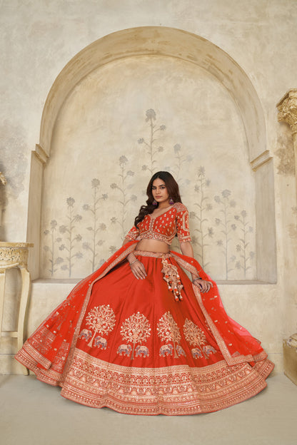 Trendy Rust Wedding Lehenga with Elephant Motifs Silk lehenga with Soft Net dupatta 2102