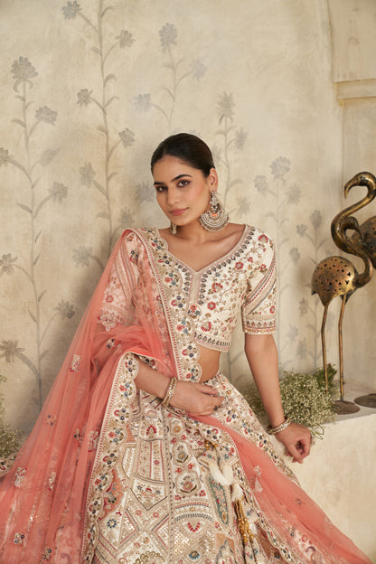 Intricately Embroidered Cream Zari Lehenga with Royal Motifs Silk lehenga with Soft Net dupatta 2111