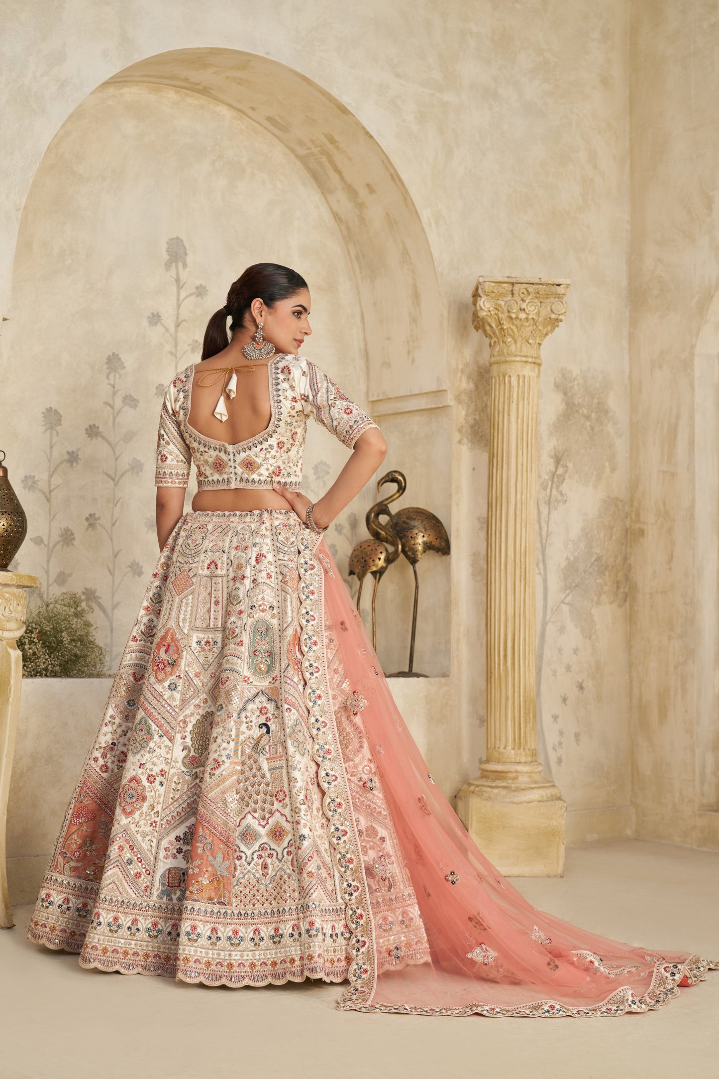 Intricately Embroidered Cream Zari Lehenga with Royal Motifs Silk lehenga with Soft Net dupatta 2111