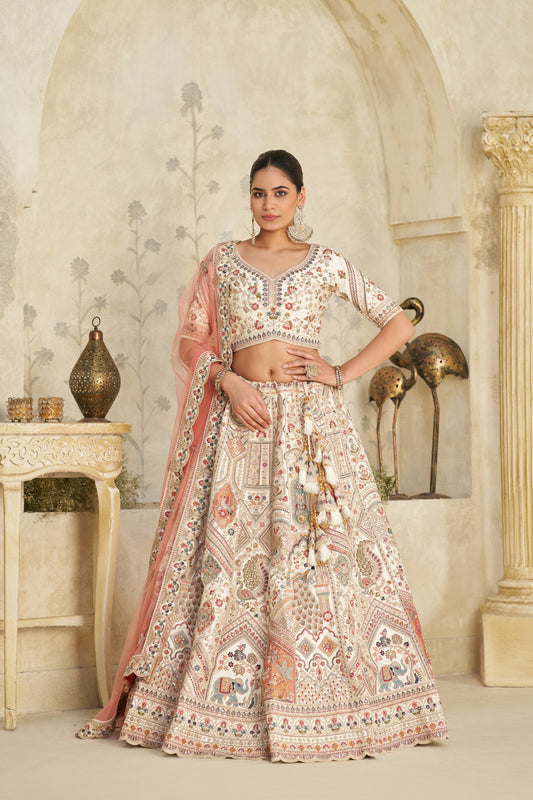 Intricately Embroidered Cream Zari Lehenga with Royal Motifs Silk lehenga with Soft Net dupatta 2111