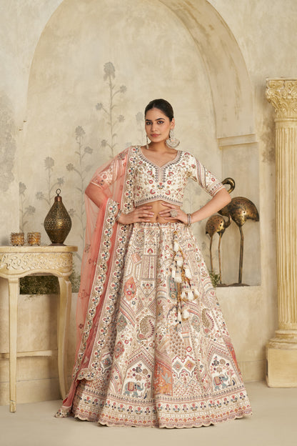 Intricately Embroidered Cream Zari Lehenga with Royal Motifs Silk lehenga with Soft Net dupatta 2111