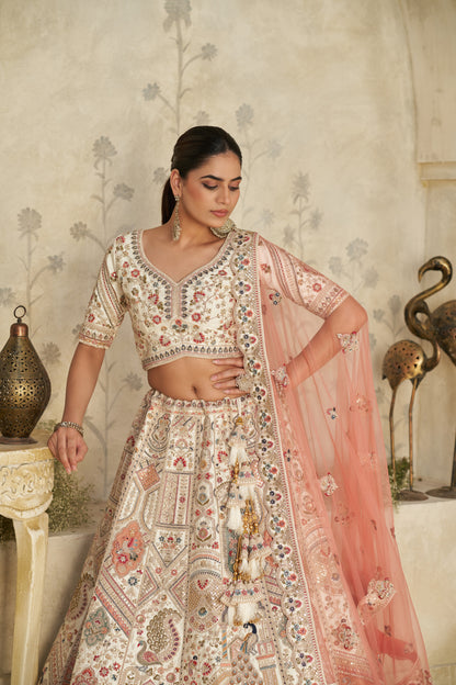 Intricately Embroidered Cream Zari Lehenga with Royal Motifs Silk lehenga with Soft Net dupatta 2111