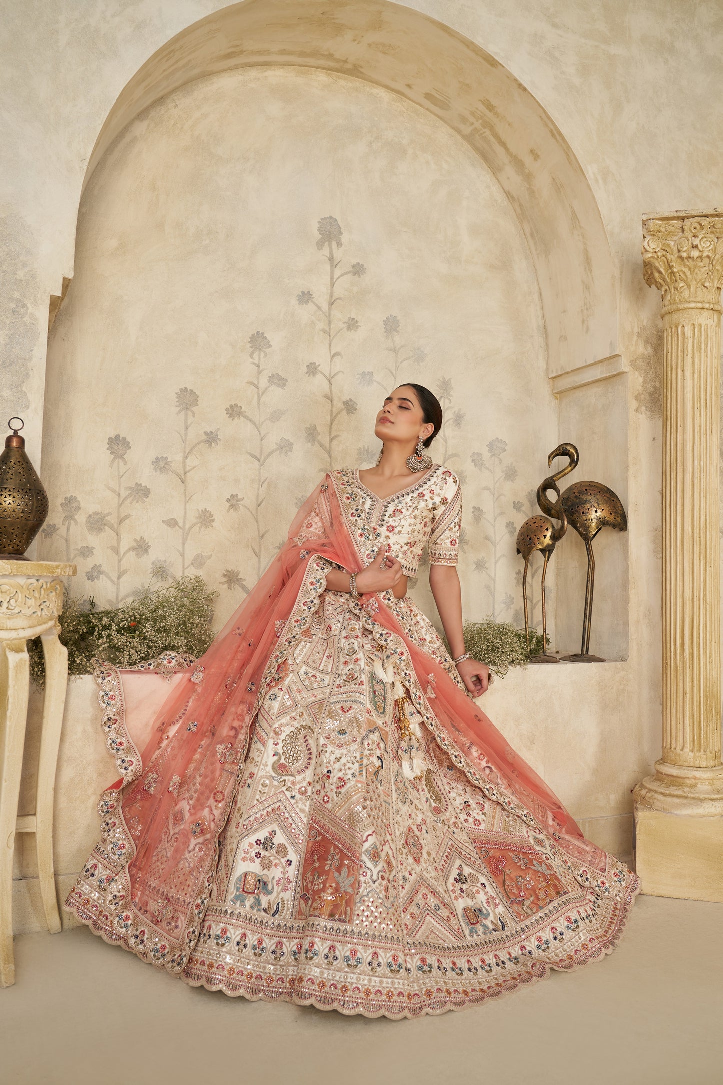 Intricately Embroidered Cream Zari Lehenga with Royal Motifs Silk lehenga with Soft Net dupatta 2111